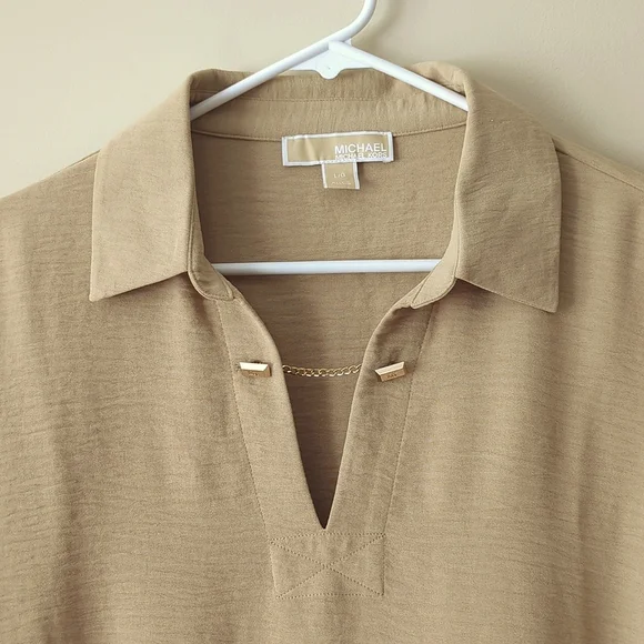 Michael Michael Kors Chain Accent Collared V-Neck Long Sleeve Blouse LARGE Tan - Picture 5 of 16